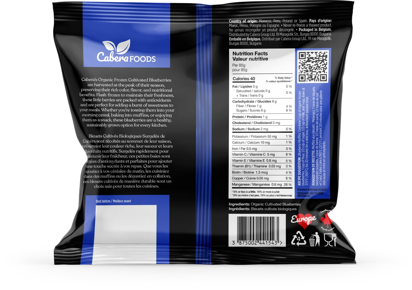 Back of the Blueberries pack: description, instructions and nutrition facts