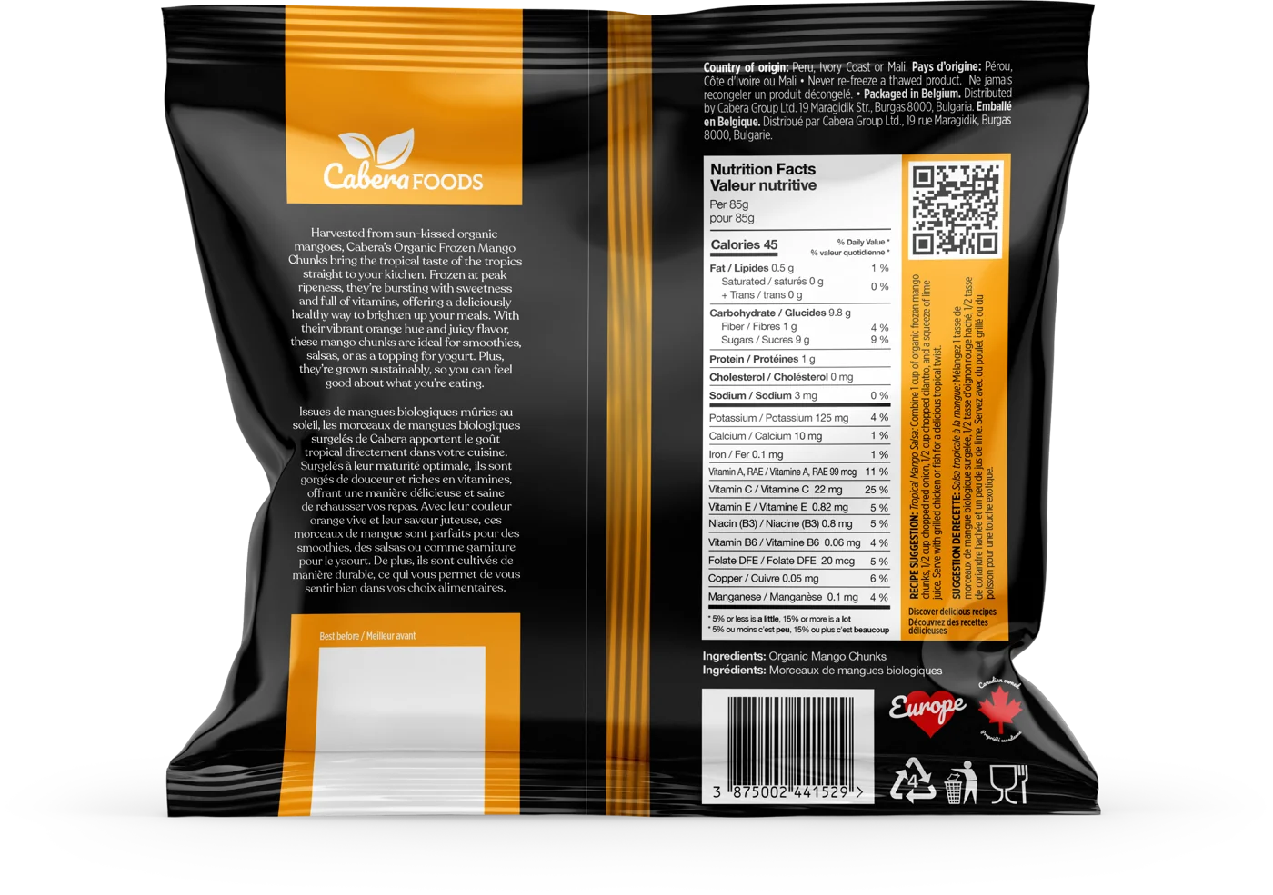 Back of the Mango chunks pack: description, instructions and nutrition facts