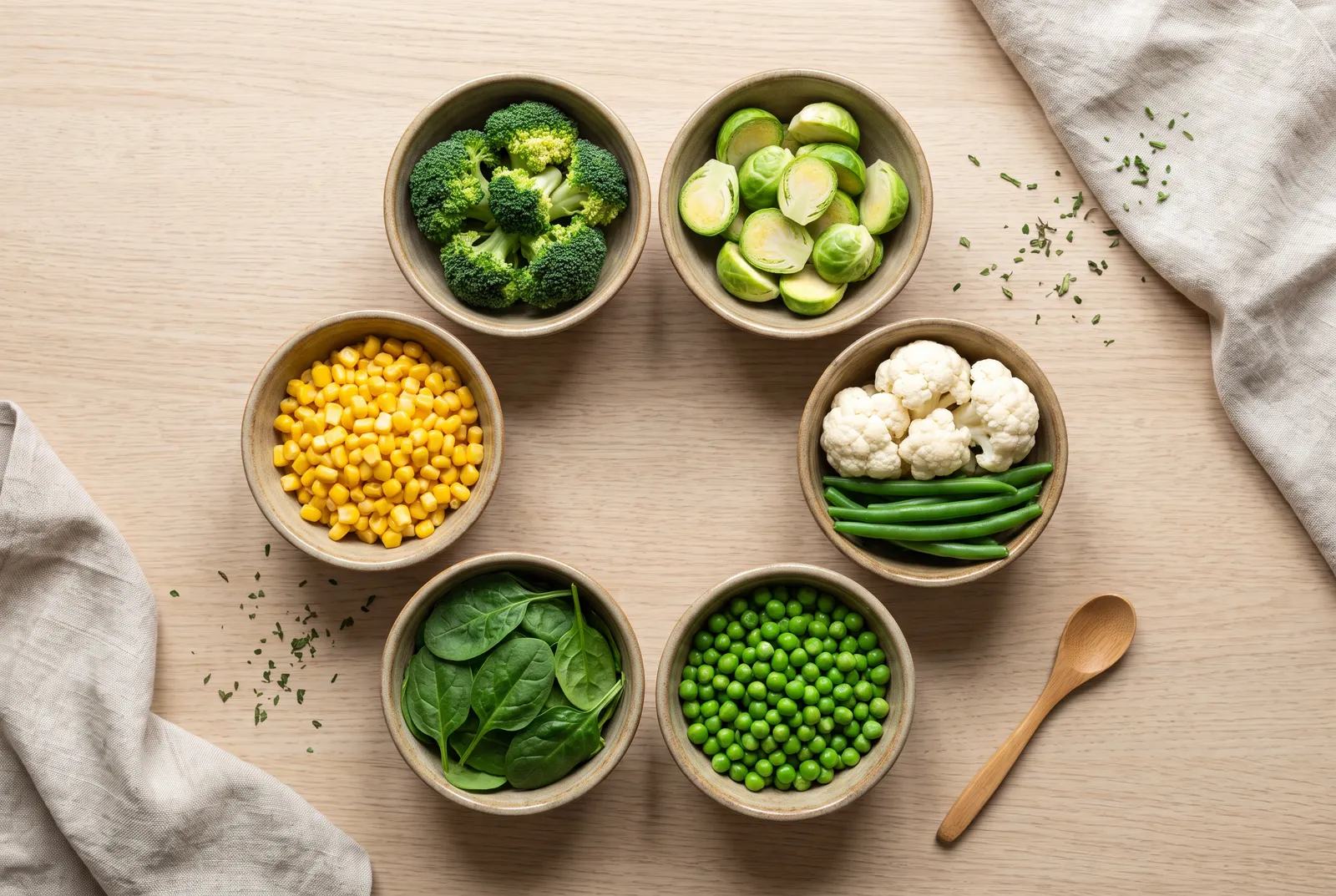 Seven bowls of vegetables: broccoli, Brussels sprouts, cauliflower, green beans, peas, spinach and corn