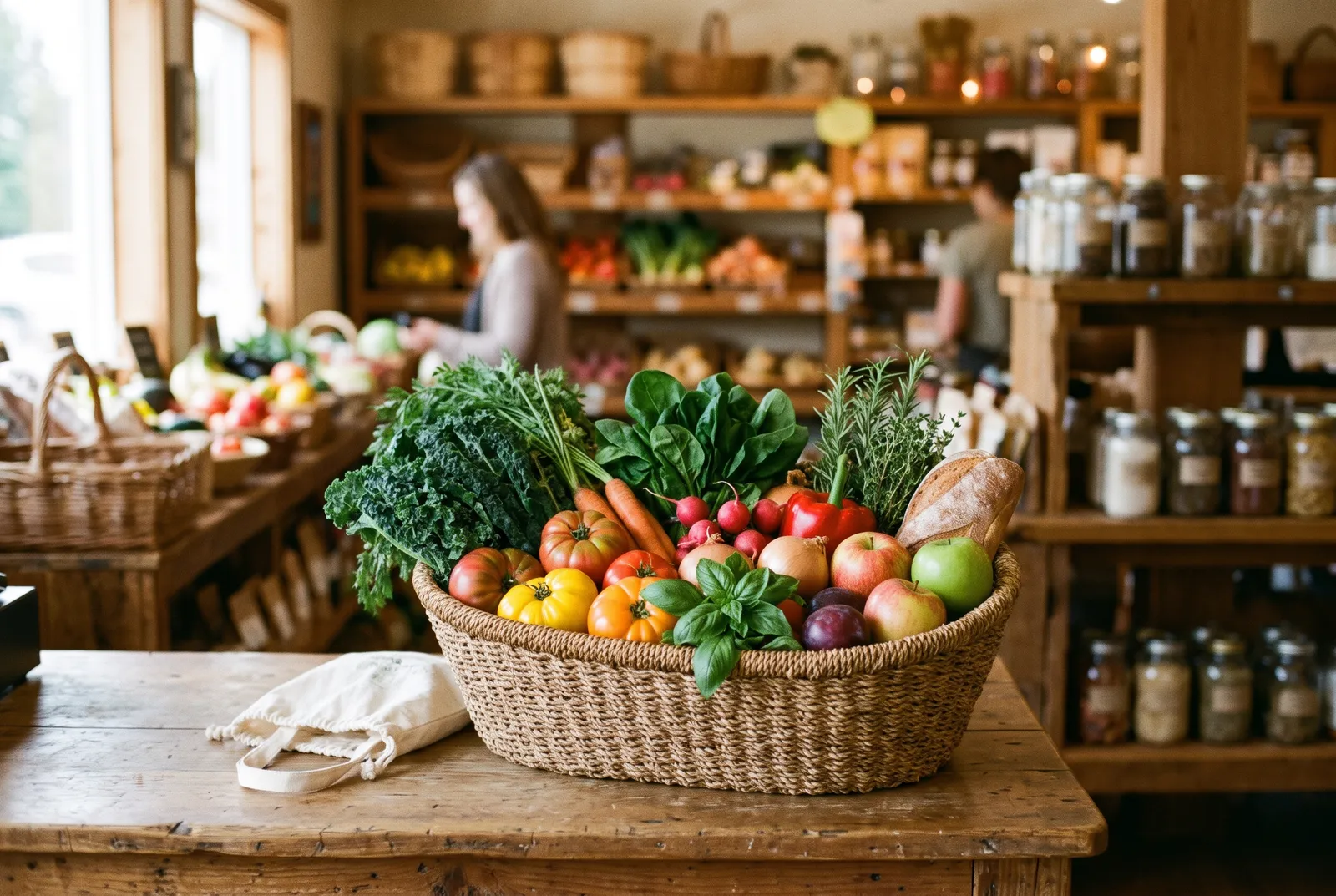 Basket of organic produce on a natural food store counter