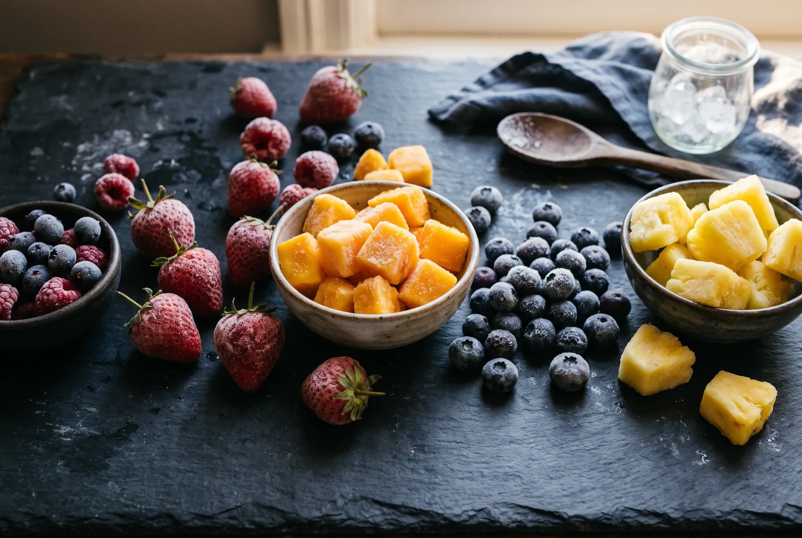 Frosted frozen strawberries, blueberries, mango and pineapple