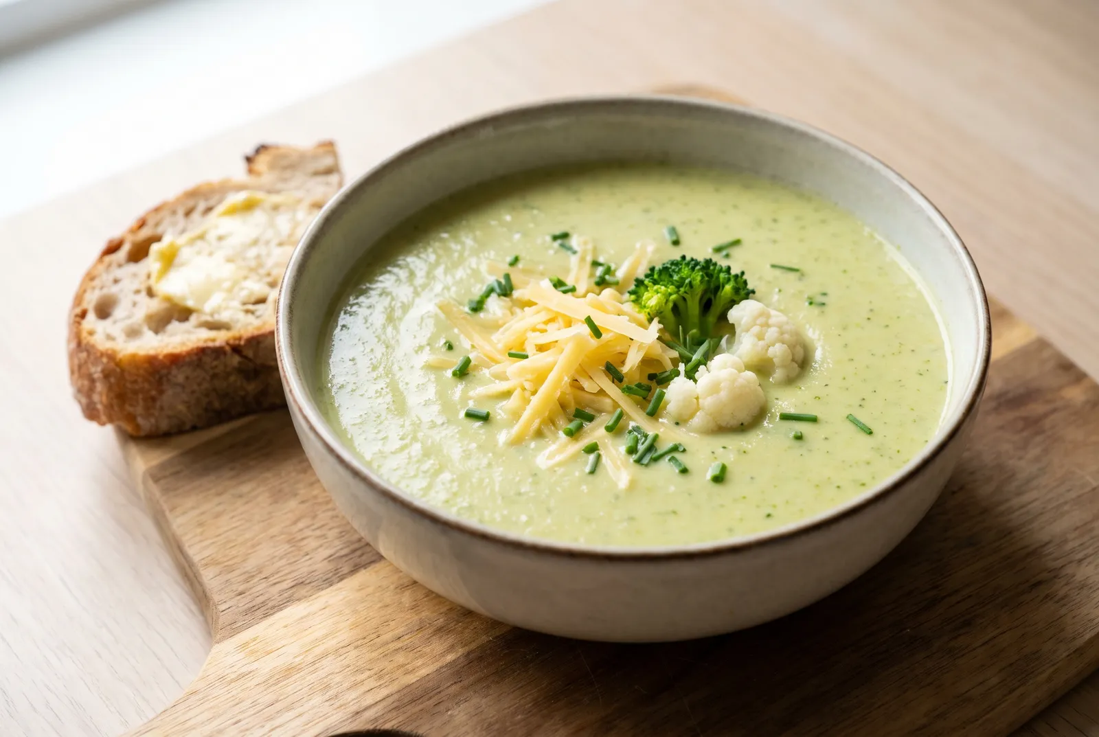 Creamy broccoli and cauliflower soup with cheddar