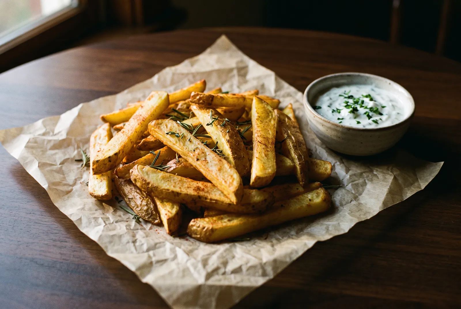 Herb-roasted steak cut fries with garlic yogurt dip