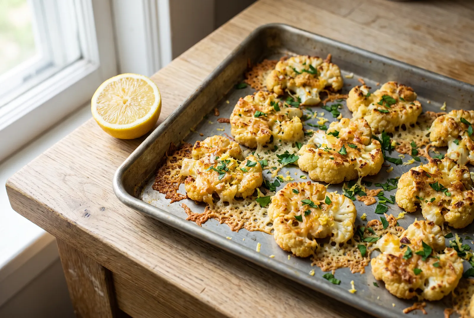 Smashed cauliflower florets with crispy parmesan edges