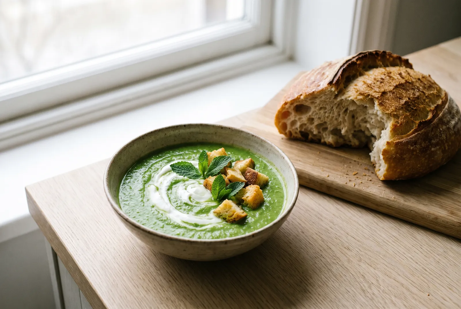 Green pea and spinach soup with yogurt and mint