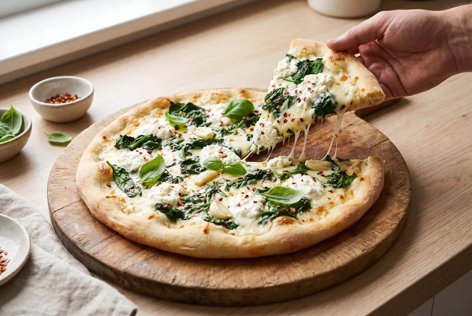 White spinach pizza with mozzarella and ricotta