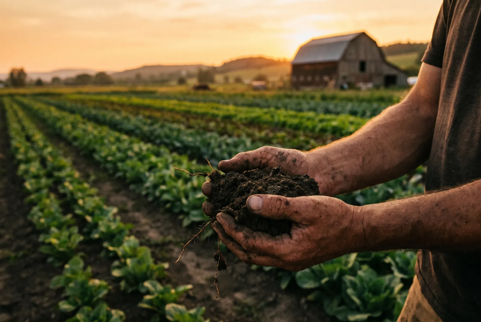 Hands holding soil on an organic farm at golden hour