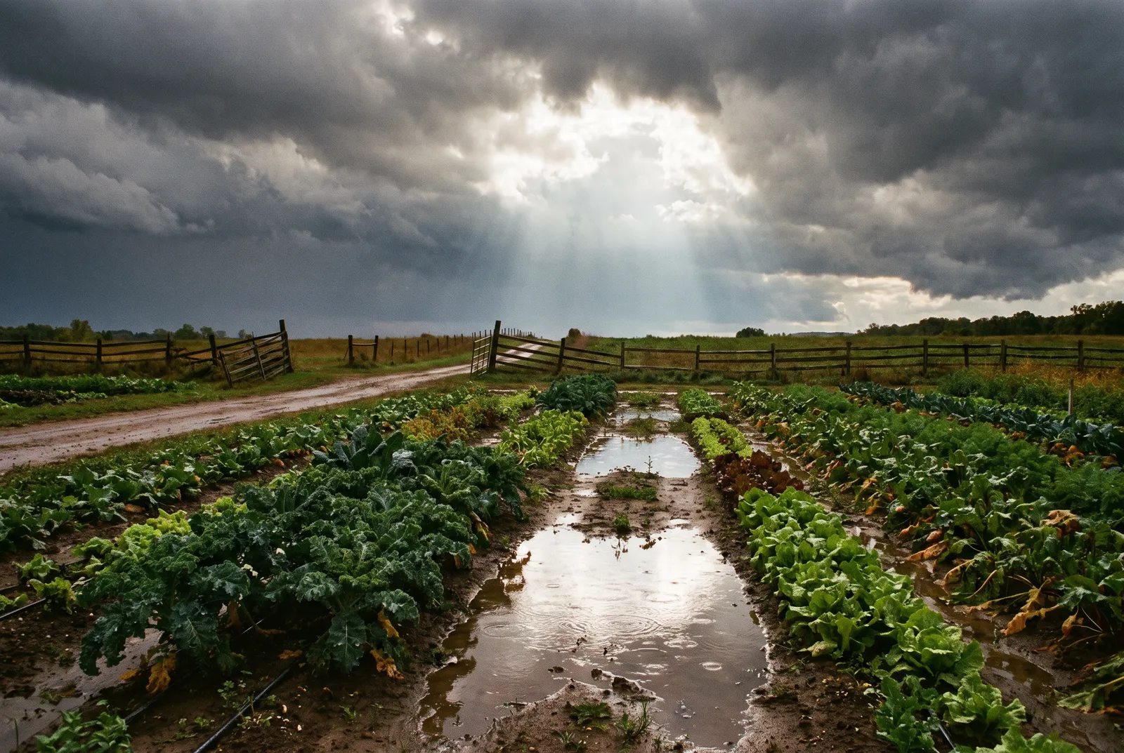 Storm clouds over an organic vegetable field after rain