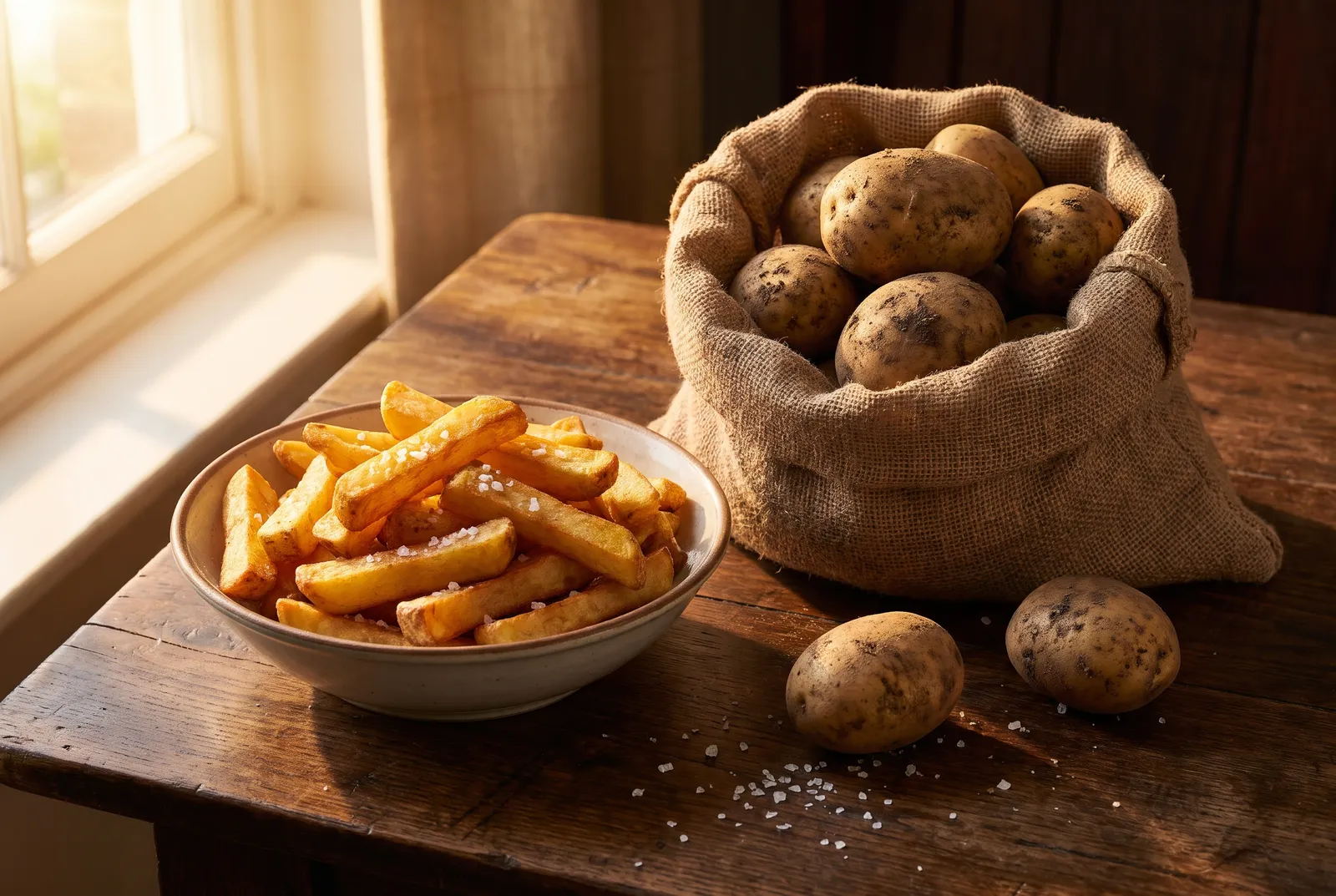 Organic potatoes in a linen sack beside a bowl of oven fries