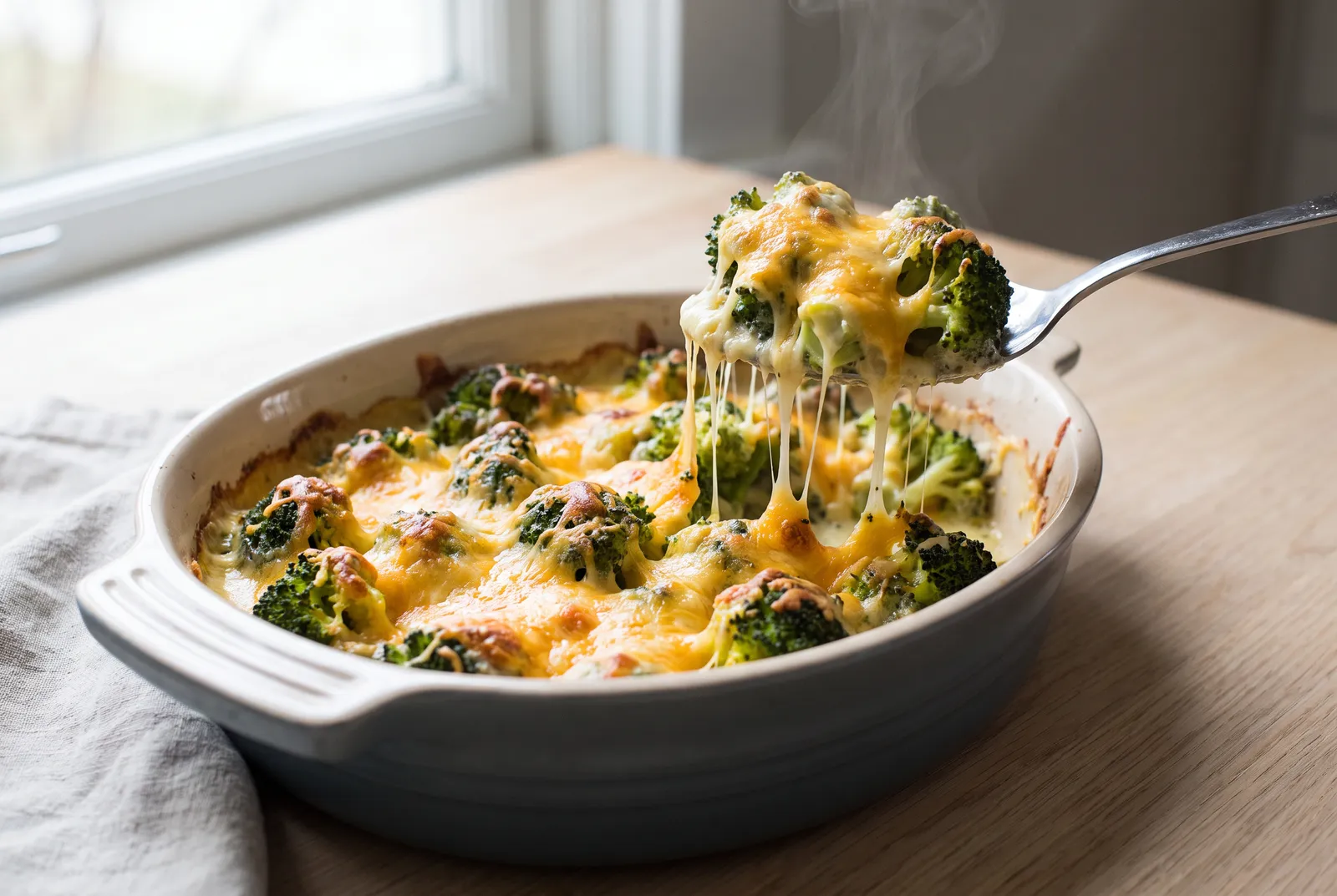 Broccoli baked in a bubbling cheddar sauce