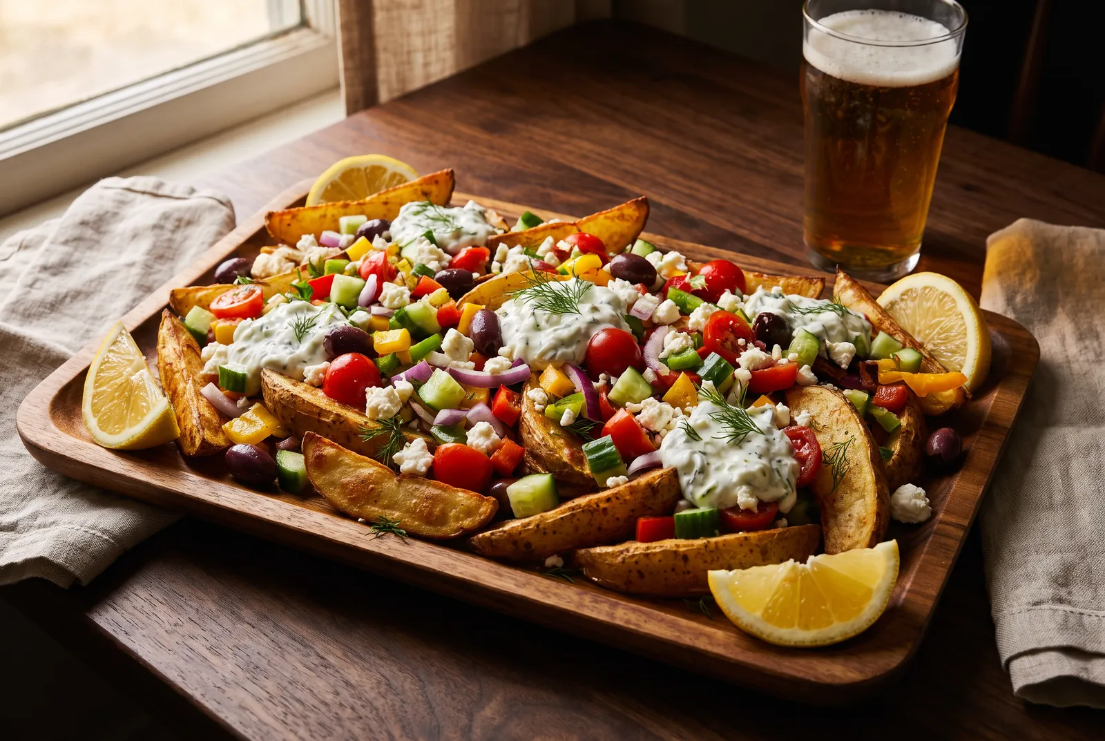 Loaded potato wedges with feta, olives, cucumber and tzatziki