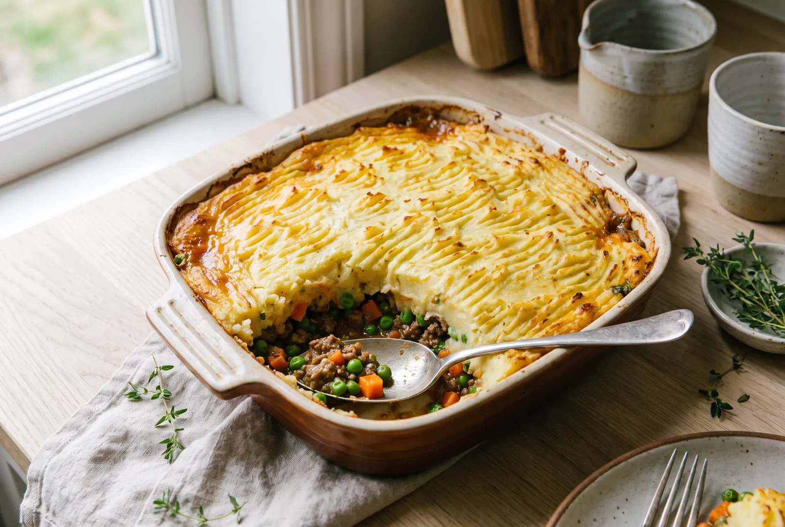 Shepherd’s pie with golden mash and green peas