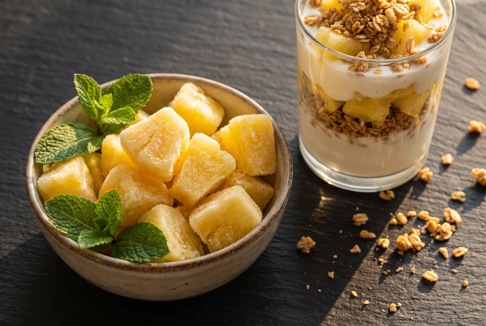 Frozen pineapple chunks with mint and a coconut parfait