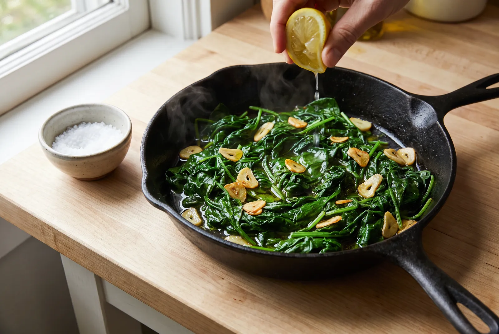 Spinach sautéed with garlic in a skillet