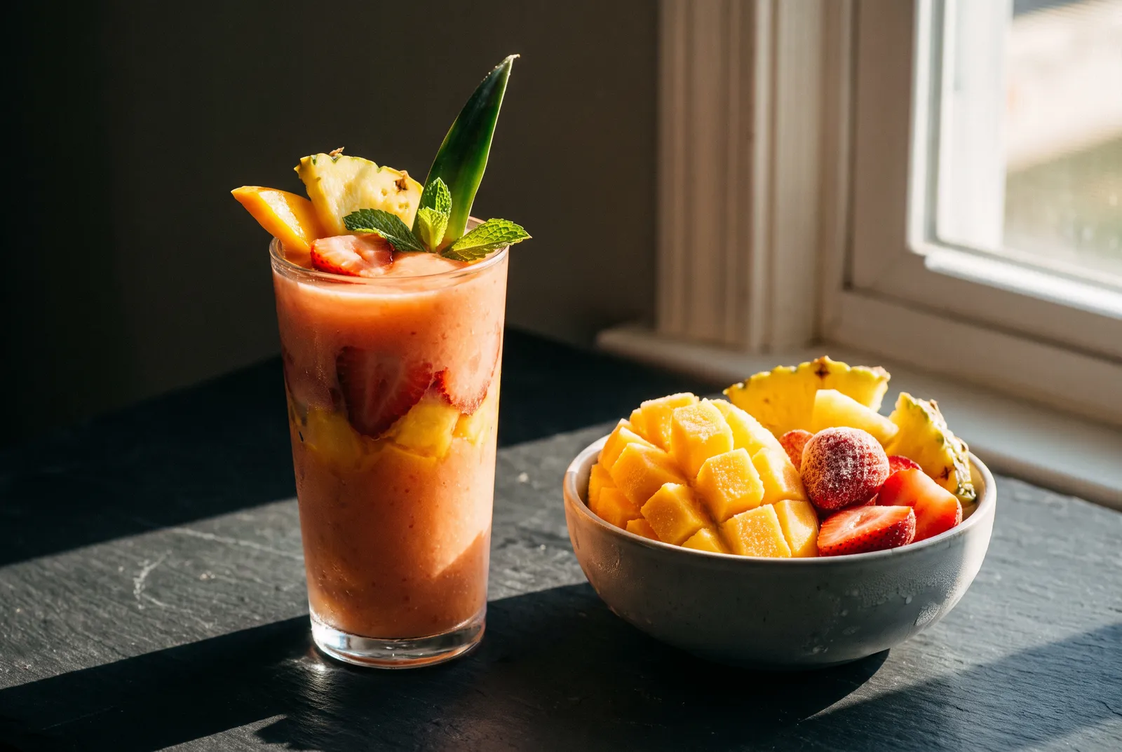 Tropical smoothie with mango, strawberries and pineapple