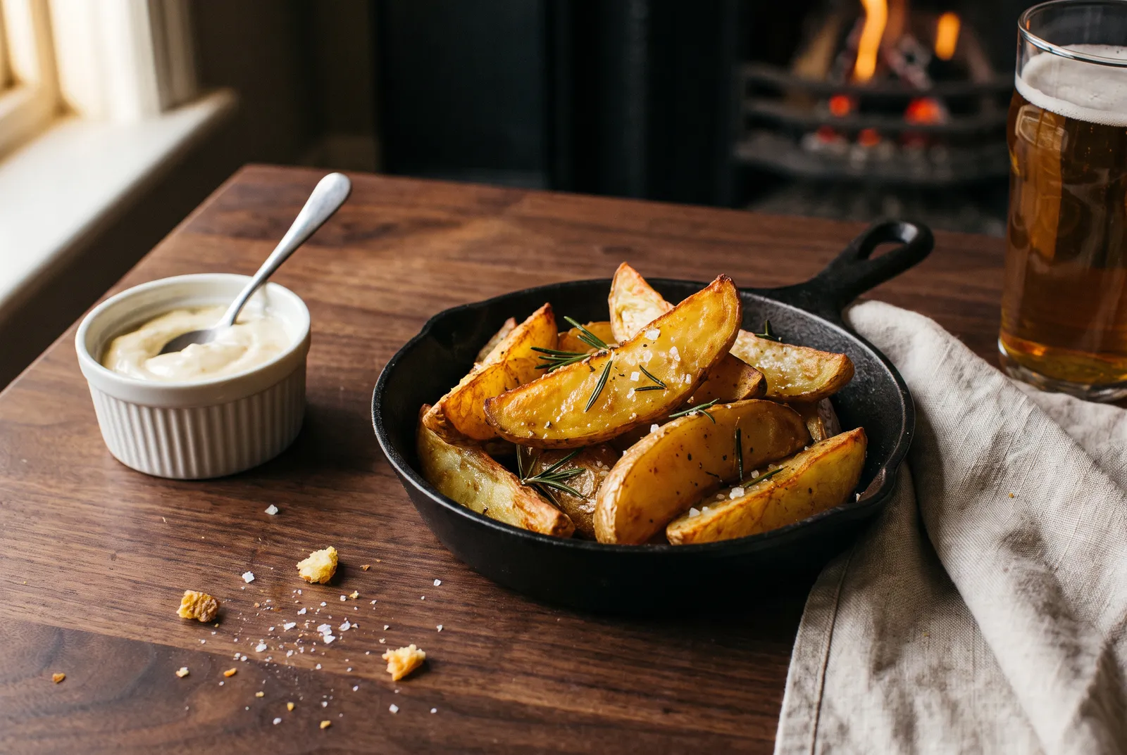 Skin-on potato wedges in a cast-iron pan with rosemary