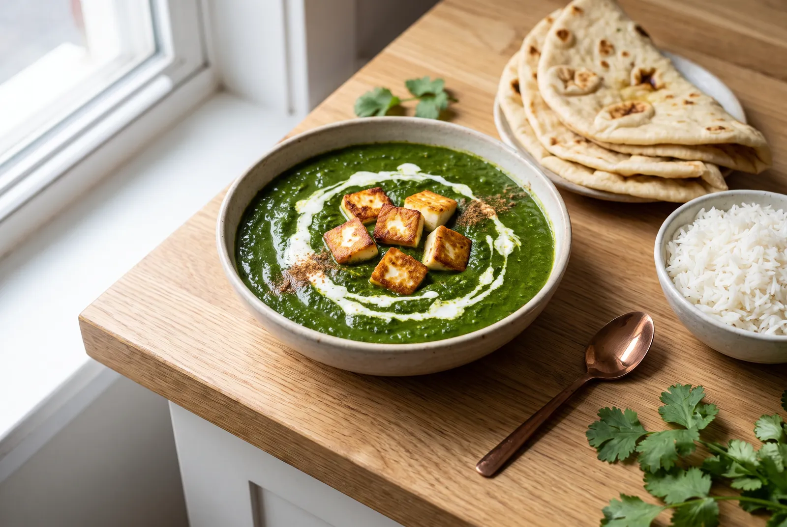 Palak paneer with naan and basmati rice