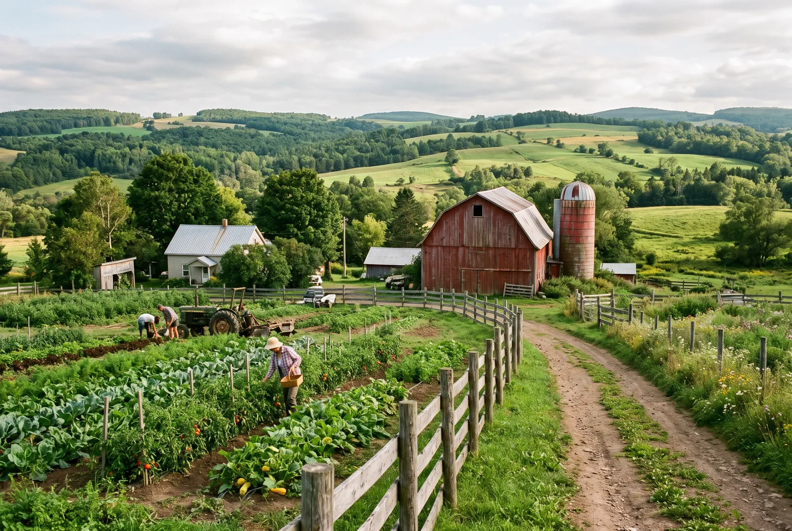 Organic farm in rural Québec with a red barn