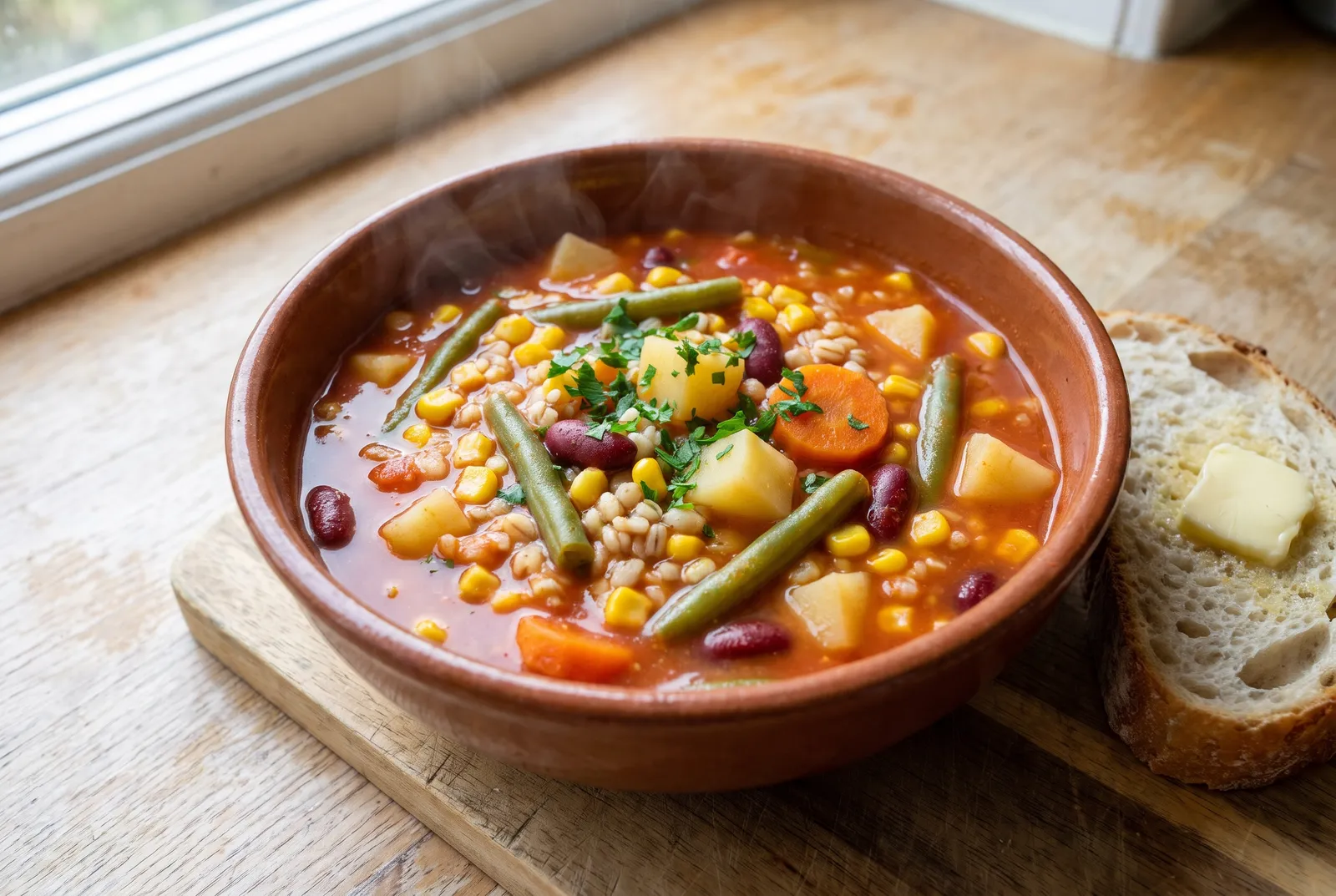Vegetable barley soup with sweet corn and green beans