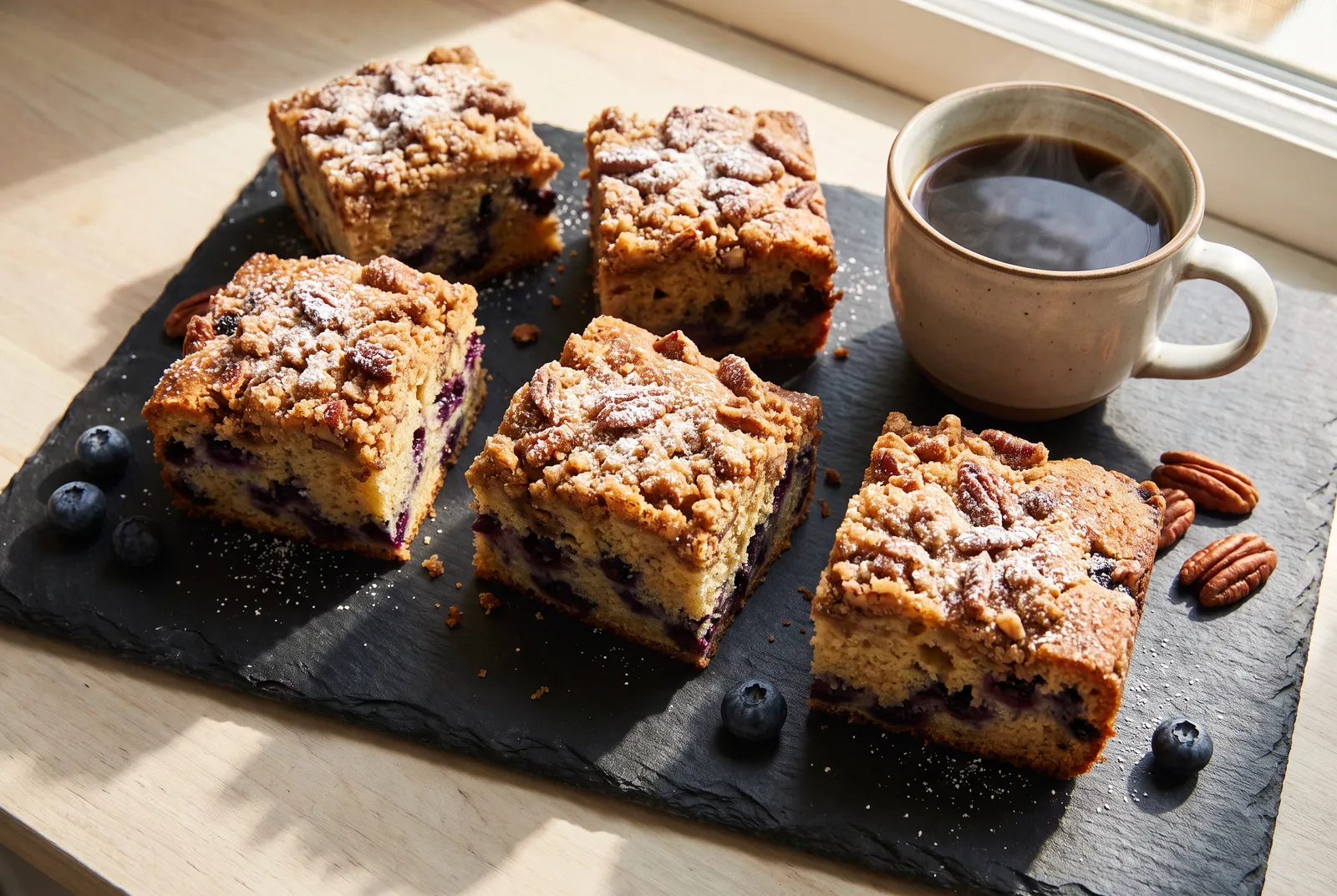 Blueberry coffee cake with pecan crumble and a cup of coffee