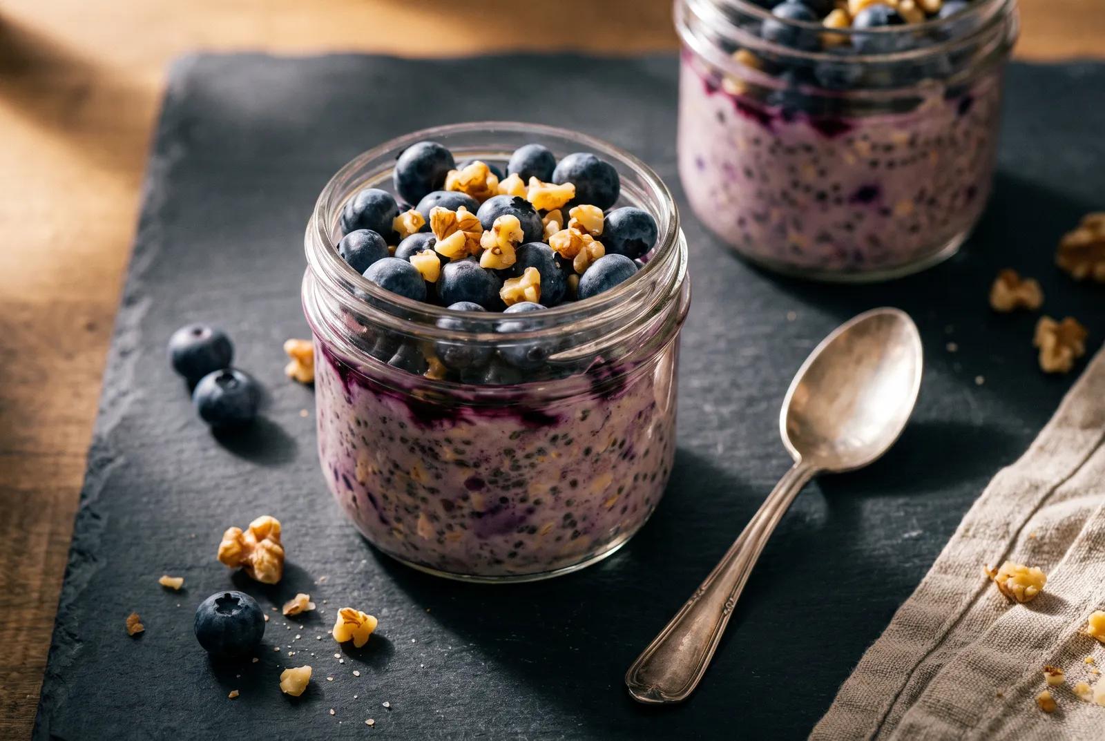 Blueberry overnight oats in a glass jar topped with walnuts