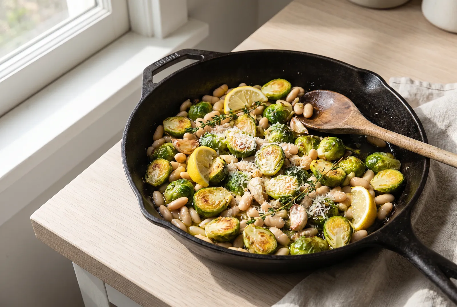 Browned Brussels sprouts and white beans in a cast-iron skillet