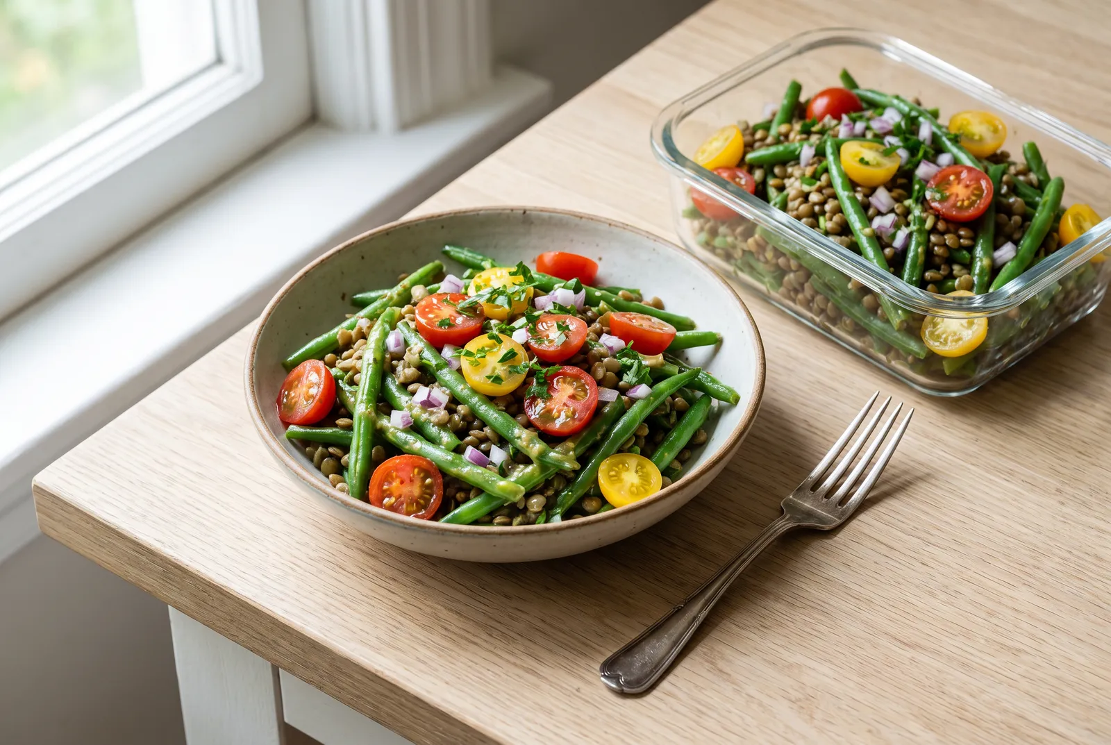 Green bean and lentil salad with cherry tomatoes and parsley