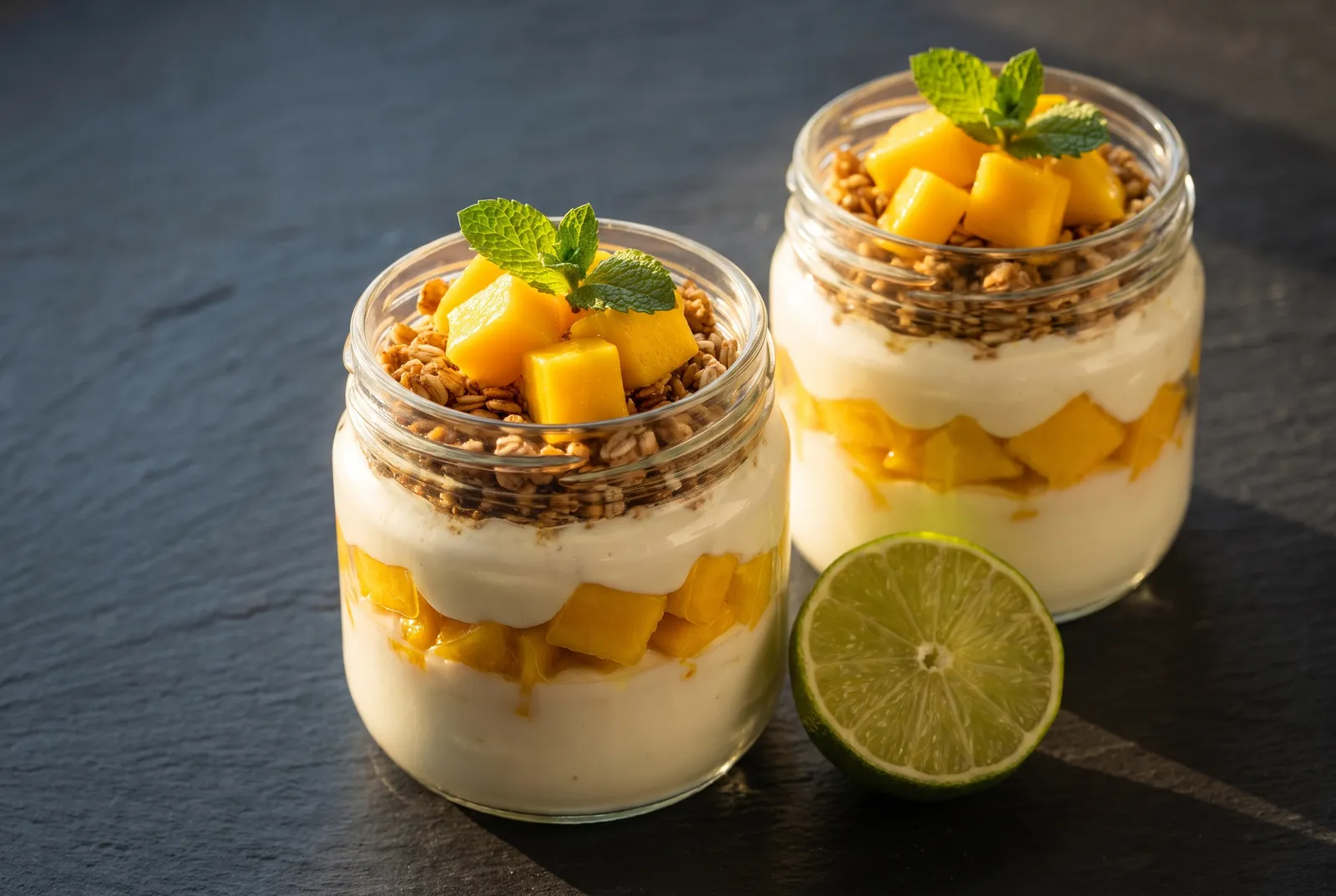 Mango, yogurt and granola parfaits in glass jars