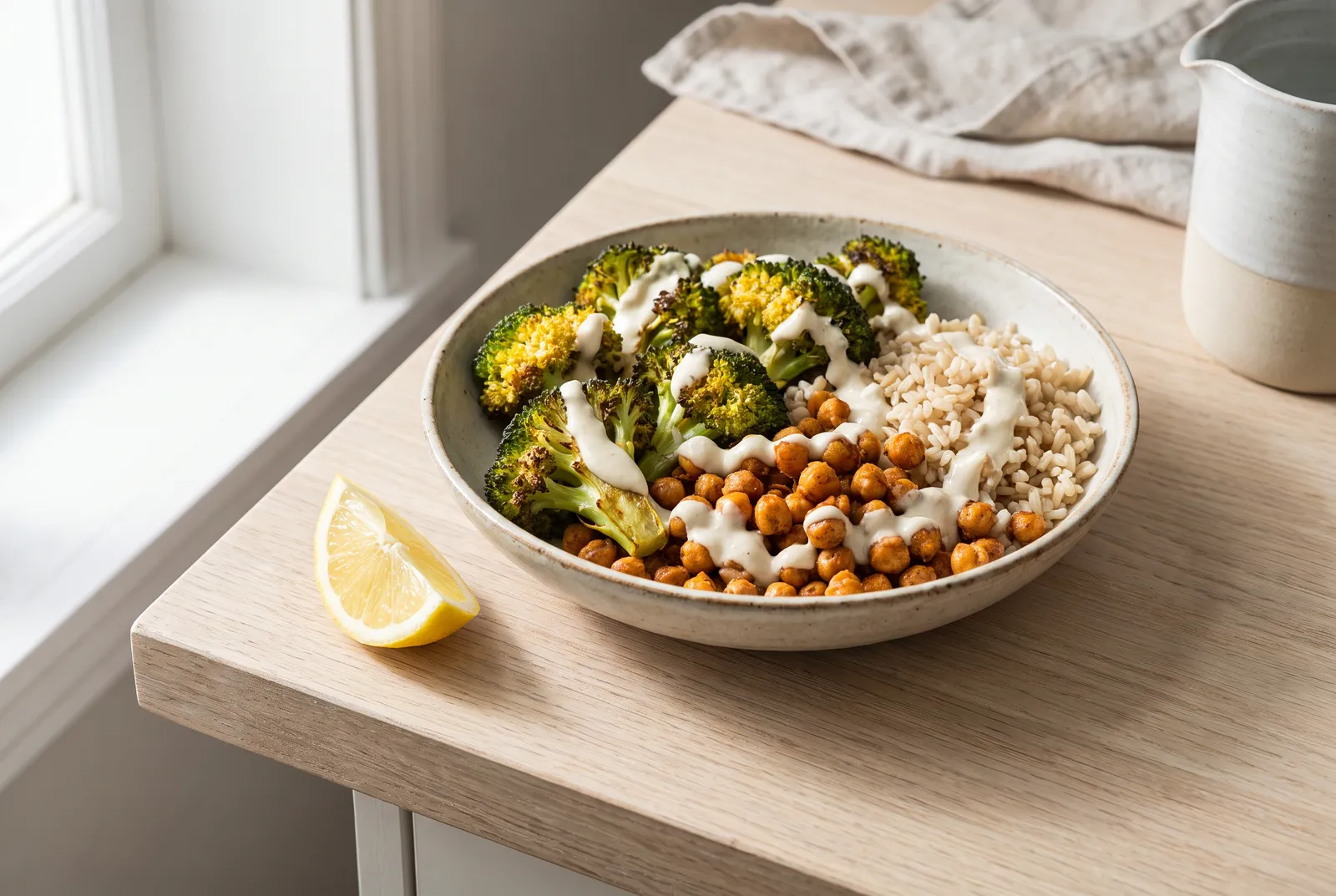 Roasted broccoli and crispy chickpeas over brown rice with lemon-tahini dressing