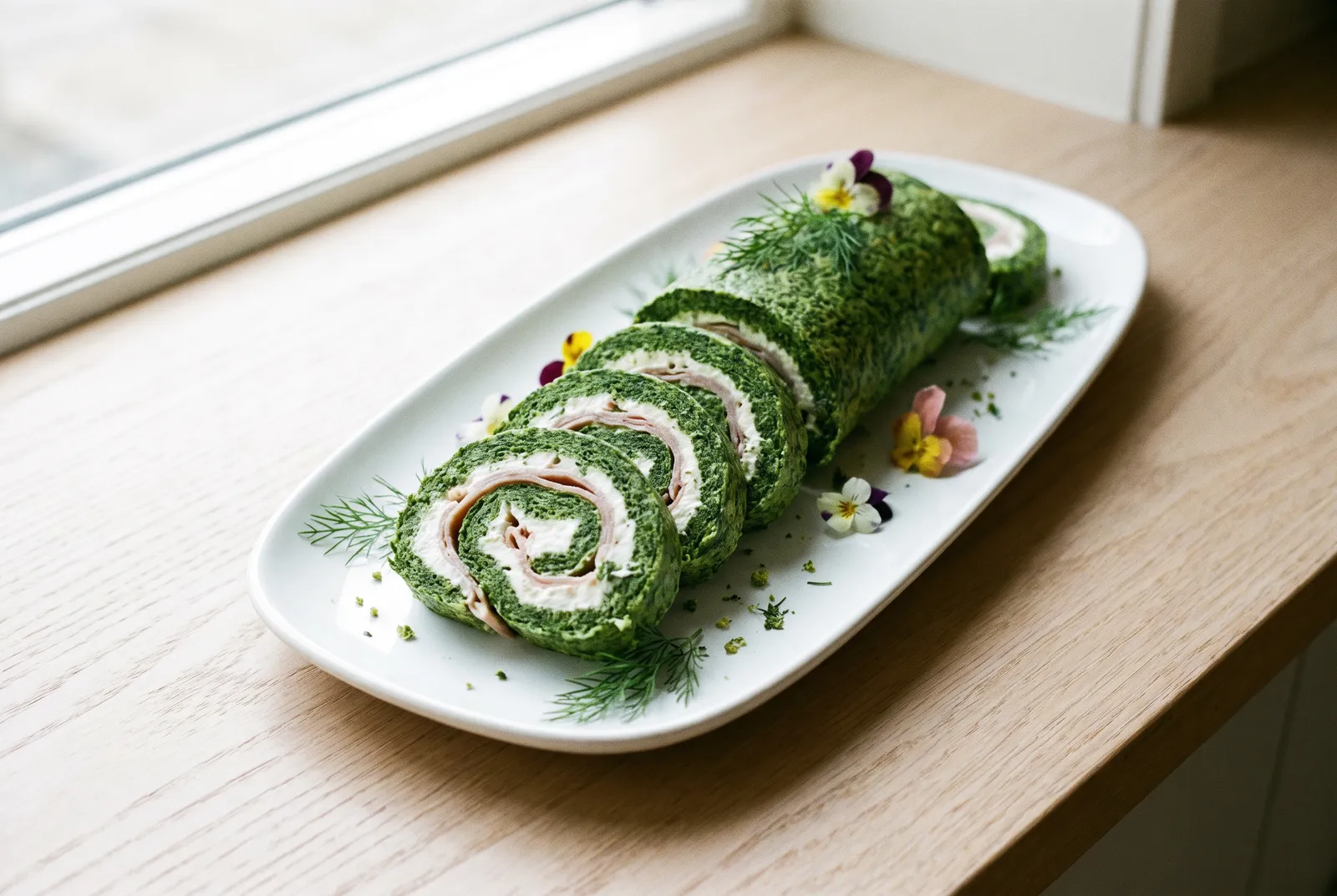 Sliced spinach roulade spirals on a platter