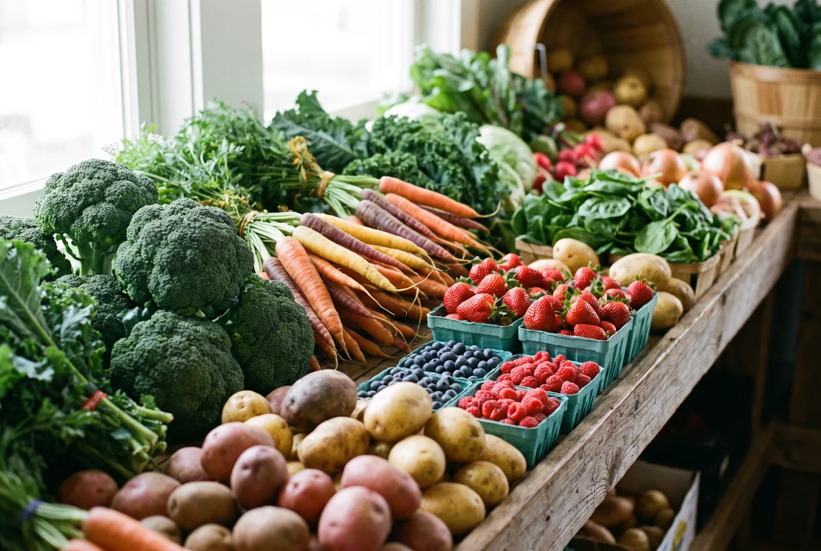 Organic produce on a market table