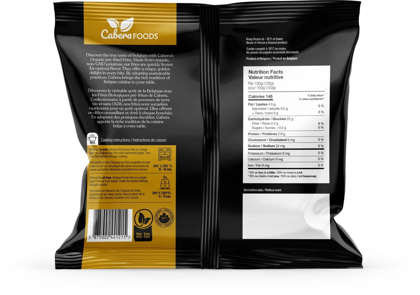 Back of the straight cut pack with ingredients, cooking instructions and nutrition facts