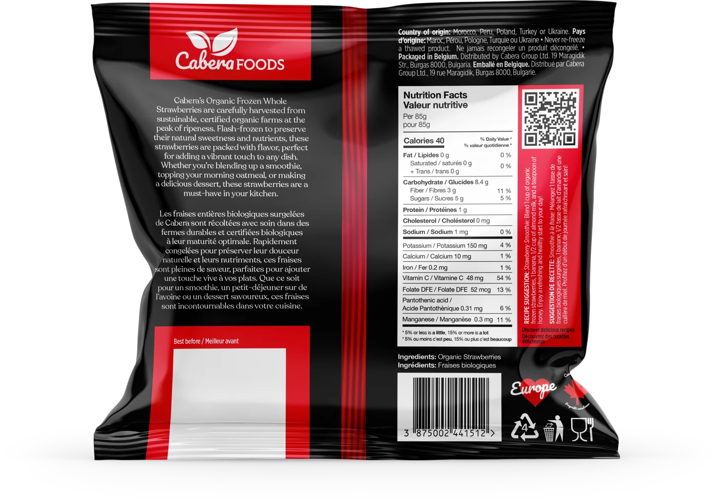 Back of the Whole strawberries pack: description, instructions and nutrition facts